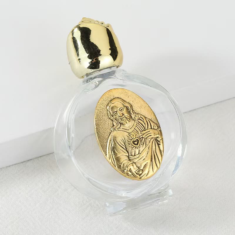 Christianartworkshop Weihwasserflasche mit geprägter heiliger Ikone: Trage seine Fürsorge in spirituellen Momenten bei dir. - Runde Flasche - Heiligstes Herz Jesu - Golden - image 28
