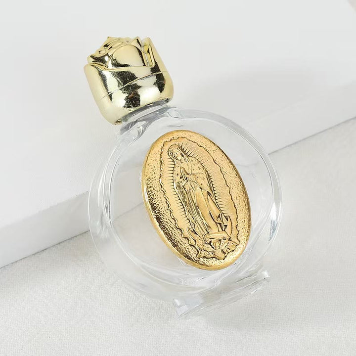 Christianartworkshop Weihwasserflasche mit geprägter heiliger Ikone: Trage seine Fürsorge in spirituellen Momenten bei dir. - Runde Flasche - Unsere Liebe Frau von Guadalupe - Golden - image 30