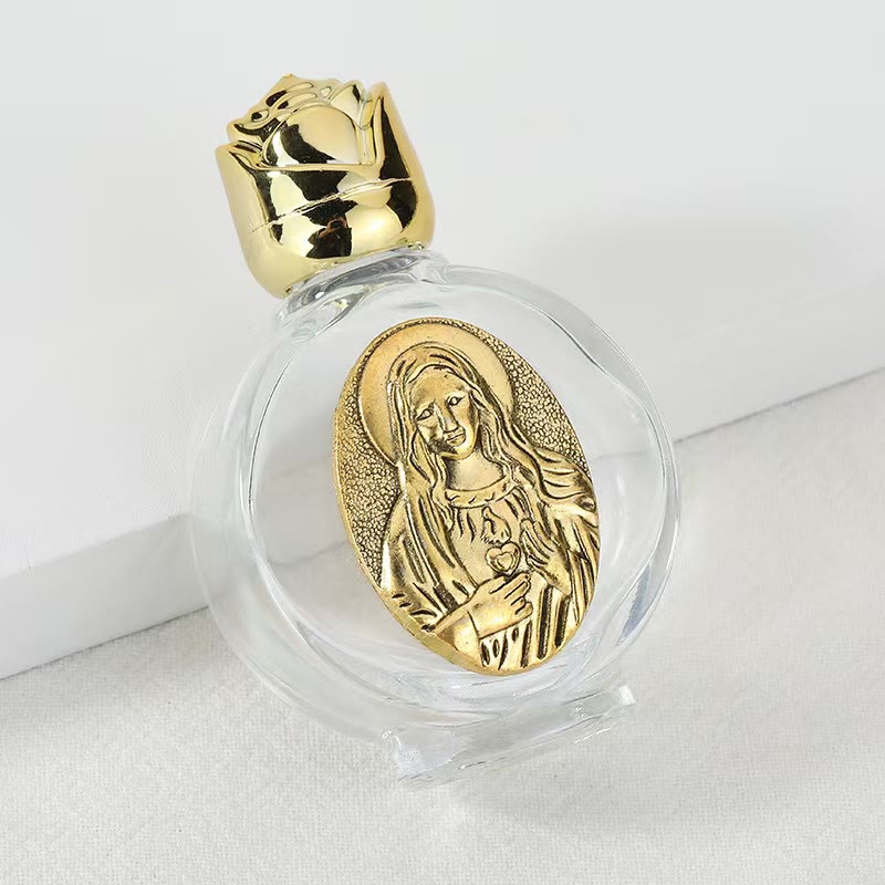 Christianartworkshop Weihwasserflasche mit geprägter heiliger Ikone: Trage seine Fürsorge in spirituellen Momenten bei dir. - Runde Flasche - Heiligstes Herz Mariä - Golden - image 26