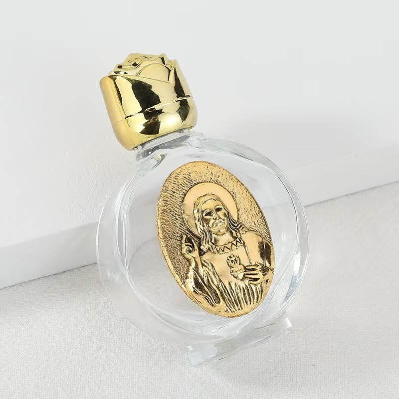 Christianartworkshop Weihwasserflasche mit geprägter heiliger Ikone: Trage seine Fürsorge in spirituellen Momenten bei dir. - Runde Flasche - Jesus, das Heilige Herz - Golden - image 35