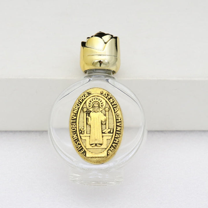 Christianartworkshop Weihwasserflasche mit geprägter heiliger Ikone: Trage seine Fürsorge in spirituellen Momenten bei dir. - Runde Flasche - Der heilige Benedikt - Golden - image 33
