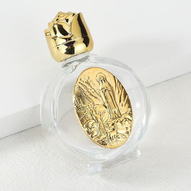 Christianartworkshop Weihwasserflasche mit geprägter heiliger Ikone: Trage seine Fürsorge in spirituellen Momenten bei dir. - Runde Flasche - Unsere Liebe Frau von Fatima - Golden - image 32