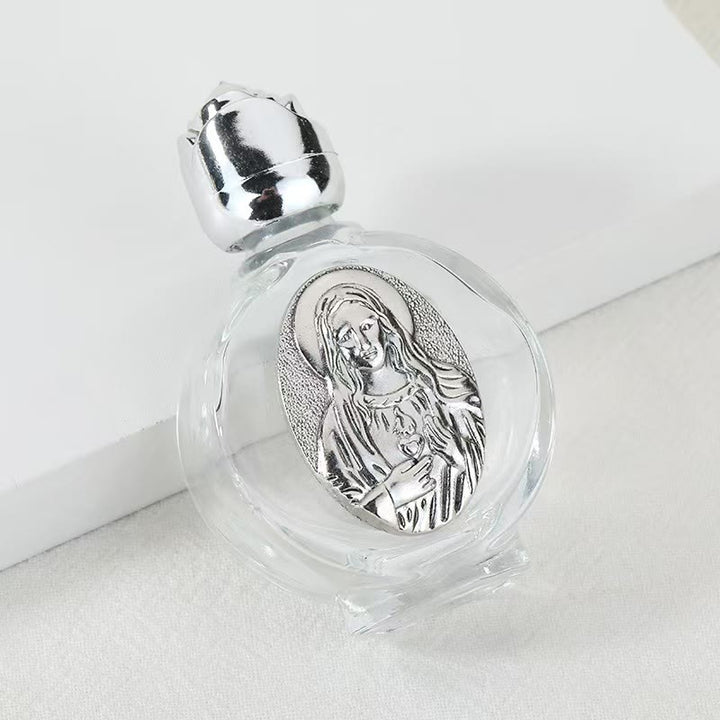 Christianartworkshop Weihwasserflasche mit geprägter heiliger Ikone: Trage seine Fürsorge in spirituellen Momenten bei dir. - Runde Flasche - Heiligstes Herz Mariä - Silber - image 36