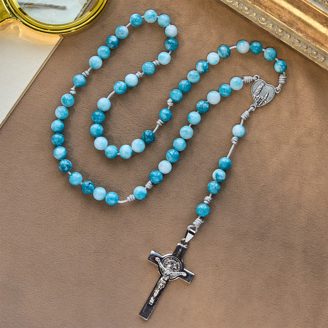 Christianartworkshop Eleganter blauer persischer Jade-Rosenkranz mit Marien-Glaubensbegleiterin - Unsere Liebe Frau und das Kruzifix - image 0