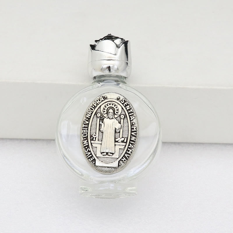 Christianartworkshop Weihwasserflasche mit geprägter heiliger Ikone: Trage seine Fürsorge in spirituellen Momenten bei dir. - Runde Flasche - Der heilige Benedikt - Silber - image 46