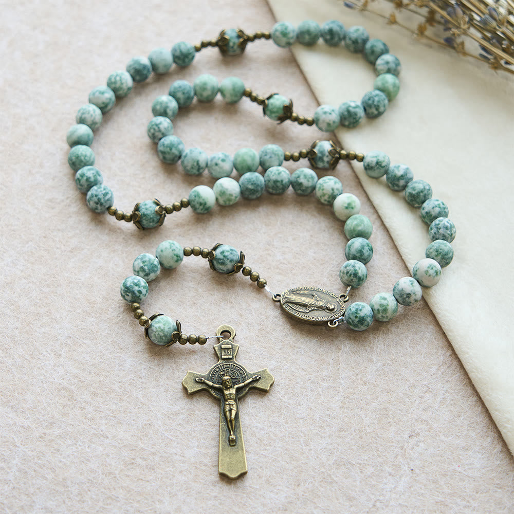 Christianartworkshop Rosenkranz aus mattem Natursandstein mit Bronzekreuz und Marienbild - image 2