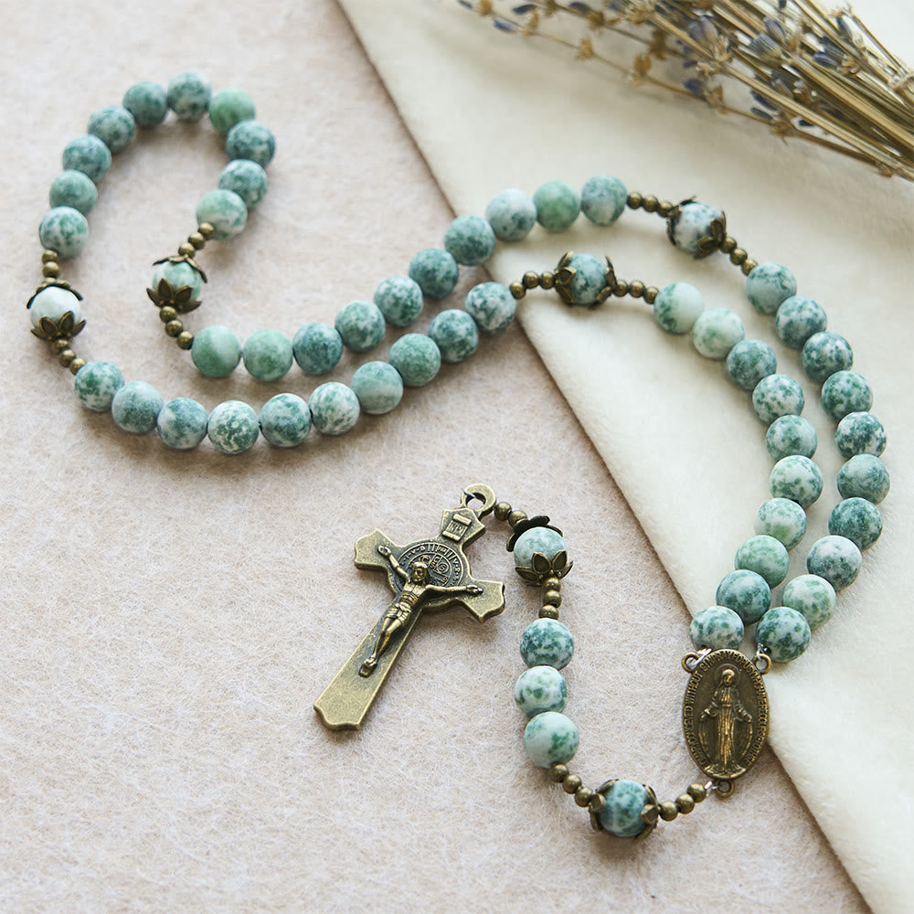 Christianartworkshop Rosenkranz aus mattem Natursandstein mit Bronzekreuz und Marienbild - image 1