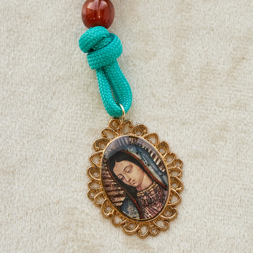 Christianartworkshop Leuchtend türkisfarbener Taschenrosenkranz aus Paracord und purpurroten Perlen mit passendem Marien- und Kruzifix-Element - image 6