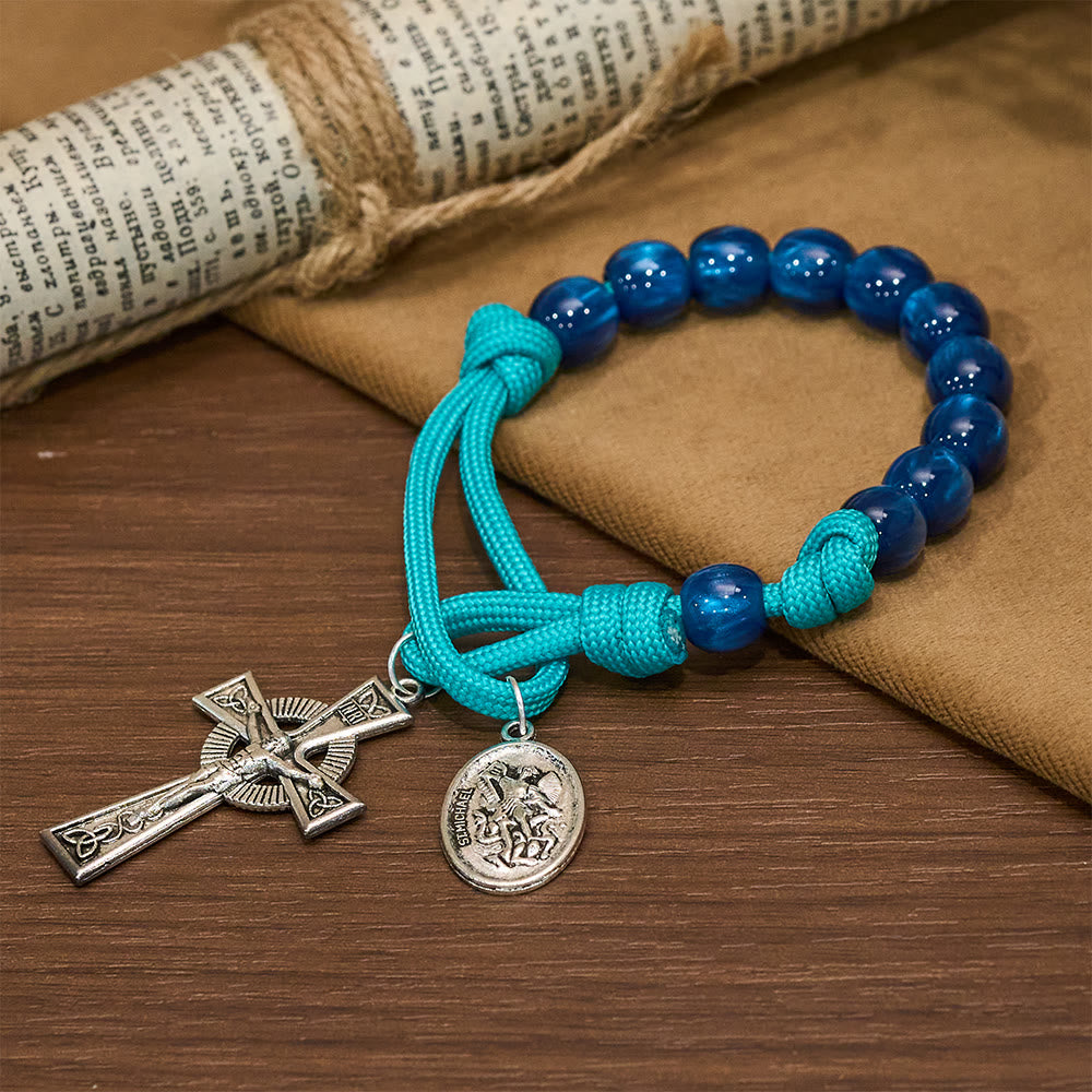 Christianartworkshop Rosenkranz mit marineblauen Perlen und türkisfarbener Kordel, verziert mit dem Heiligen Michael - Der heilige Michael und das Kruzifix - image 0