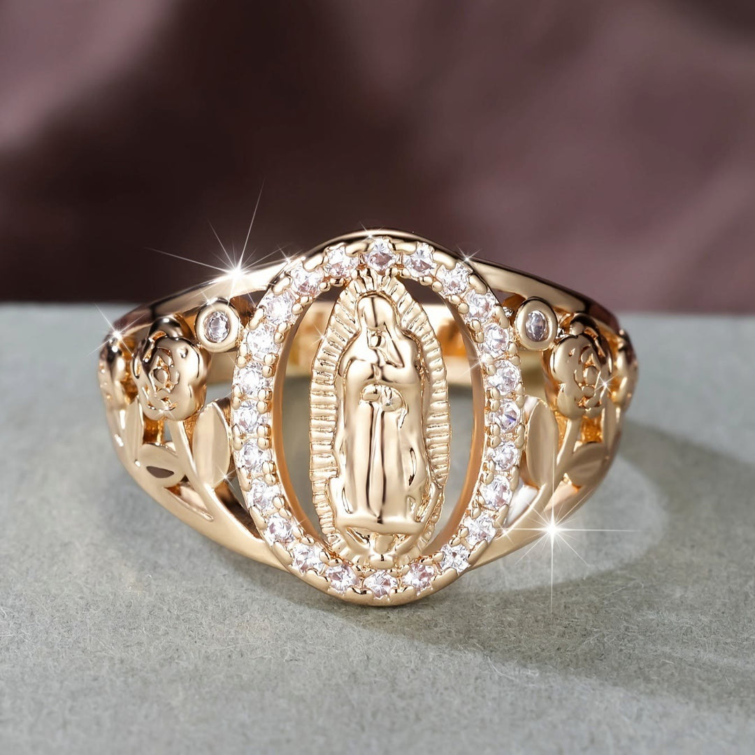 Christianartworkshop Marienring mit Zirkonia-Fassung und floralen Akzenten: Verkörpere ihre zarte Anmut - US 10 - image 0