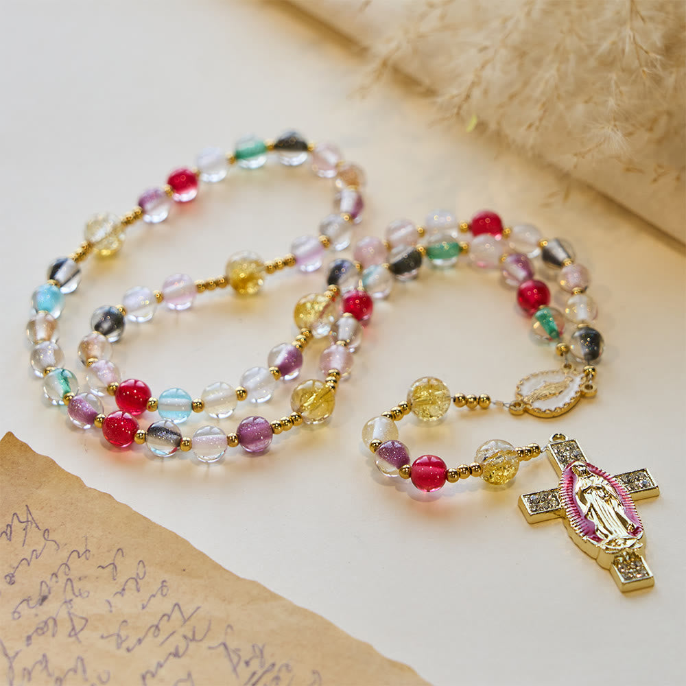 Christianartworkshop Regenbogenfarbener, schimmernder Katzenaugen-Rosenkranz mit Marienkreuz - image 4