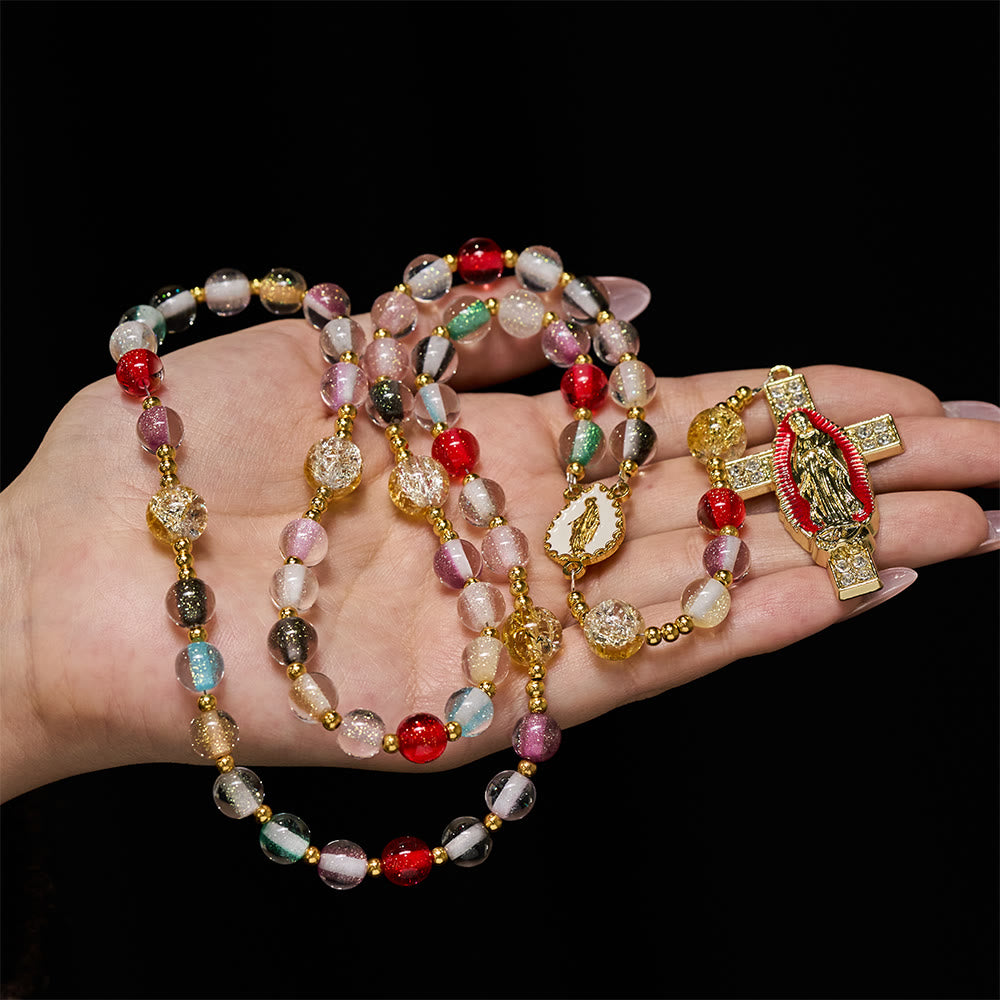Christianartworkshop Regenbogenfarbener, schimmernder Katzenaugen-Rosenkranz mit Marienkreuz - Unsere Liebe Frau - image 0