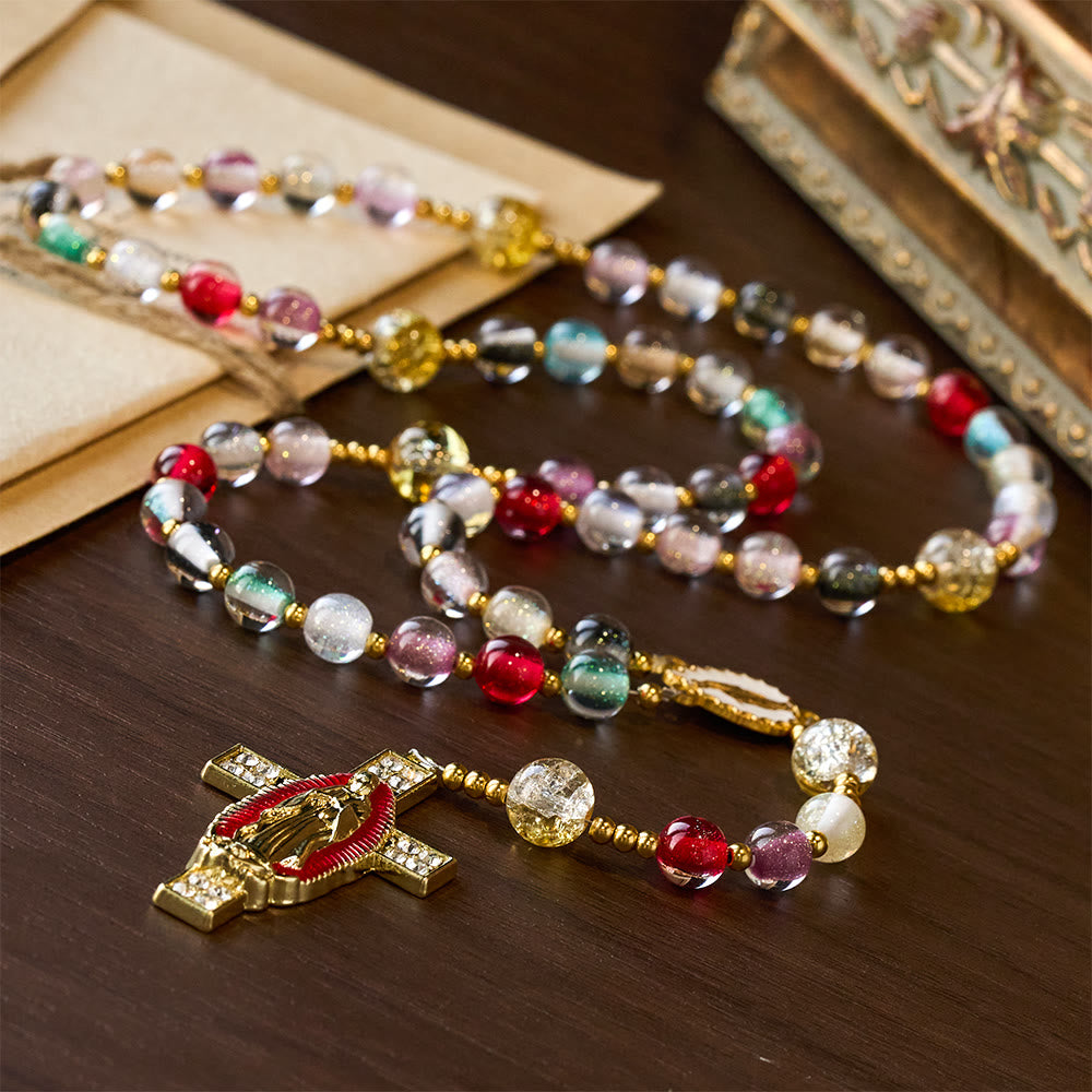 Christianartworkshop Regenbogenfarbener, schimmernder Katzenaugen-Rosenkranz mit Marienkreuz - image 3