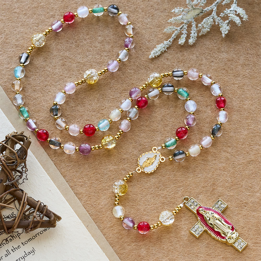 Christianartworkshop Regenbogenfarbener, schimmernder Katzenaugen-Rosenkranz mit Marienkreuz - image 2