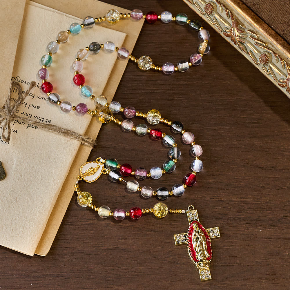 Christianartworkshop Regenbogenfarbener, schimmernder Katzenaugen-Rosenkranz mit Marienkreuz - image 1