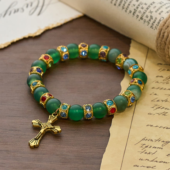 Christianartworkshop Armband mit mattiertem grünem Achat und weißem Glas in Kreuzform: Sanftes Vertrauen in leuchtender Textur - image 8