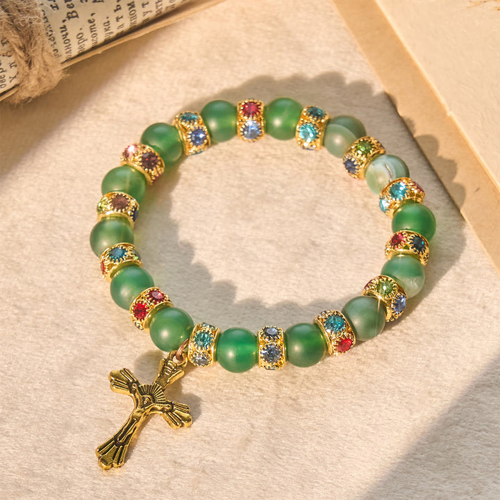Christianartworkshop Armband mit mattiertem grünem Achat und weißem Glas in Kreuzform: Sanftes Vertrauen in leuchtender Textur - Grün - image 4