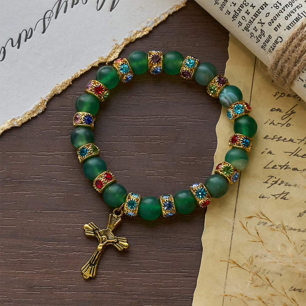 Christianartworkshop Armband mit mattiertem grünem Achat und weißem Glas in Kreuzform: Sanftes Vertrauen in leuchtender Textur - image 6