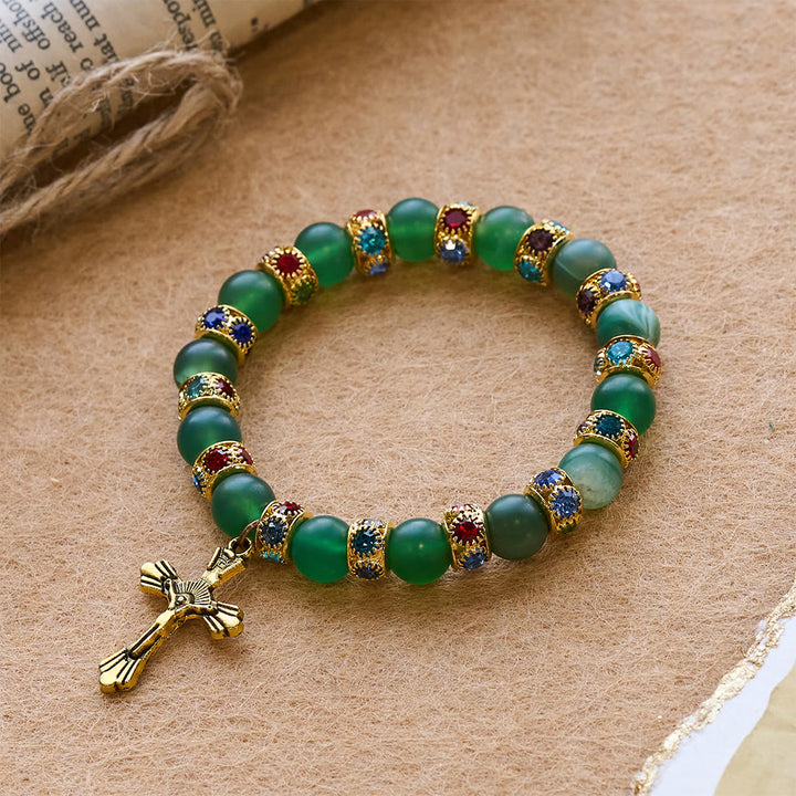 Christianartworkshop Armband mit mattiertem grünem Achat und weißem Glas in Kreuzform: Sanftes Vertrauen in leuchtender Textur - image 7