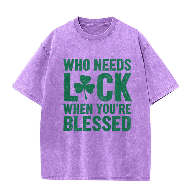 Christianartworkshop Wer braucht schon Glück, wenn man gesegnet ist? Shamrock Unisex-T-Shirt (vorgewaschen) - Lila - 5XL - image 10