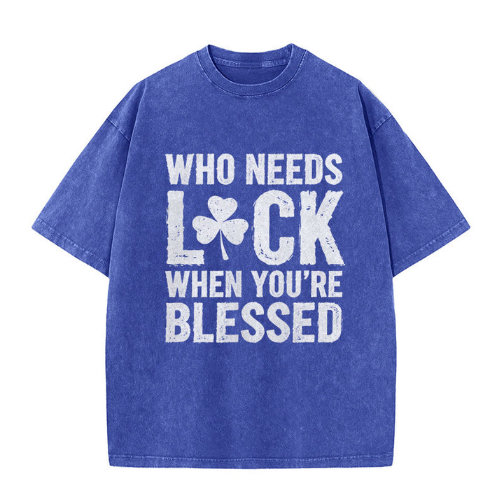 Christianartworkshop Wer braucht schon Glück, wenn man gesegnet ist? Shamrock Unisex-T-Shirt (vorgewaschen) - Blau - 5XL - image 7