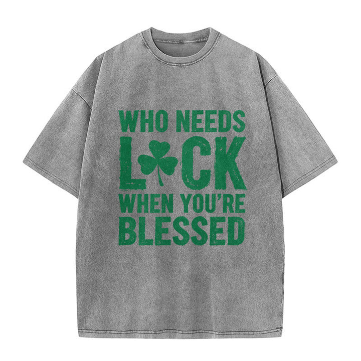 Christianartworkshop Wer braucht schon Glück, wenn man gesegnet ist? Shamrock Unisex-T-Shirt (vorgewaschen) - Grau - 5XL - image 0