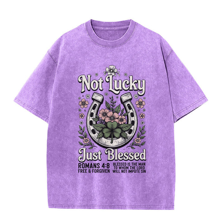 Christianartworkshop „Nicht glücklich, nur gesegnet“ Römer 4,8 Unisex-T-Shirt (vorgewaschen) - Lila - 5XL - image 4
