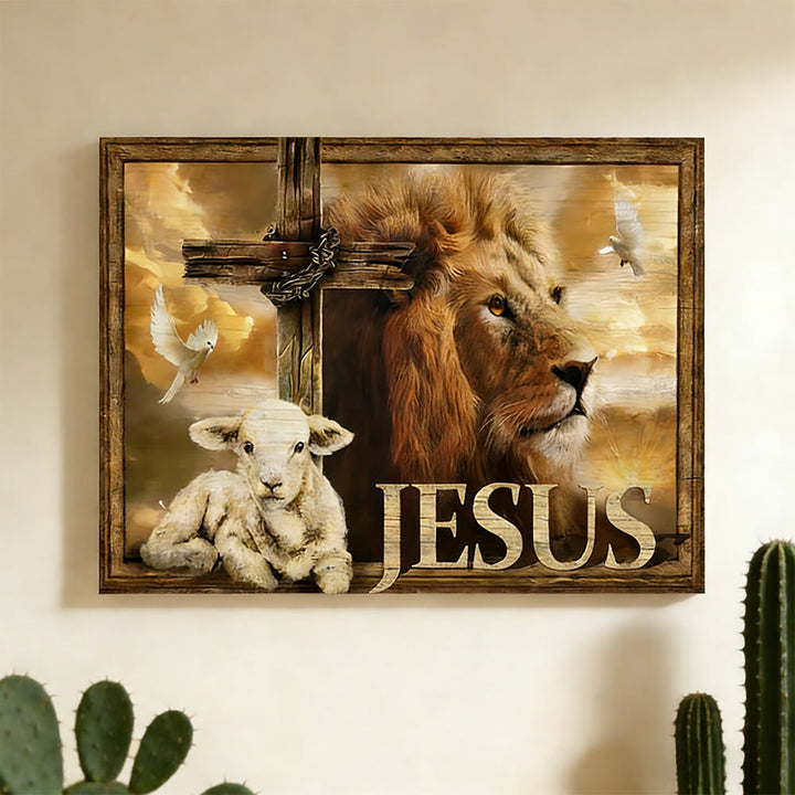 Christianartworkshop Wandbild „Löwe von Juda & Lamm Gottes“: Heilige Symbole der Stärke - 15,75''*11,81''0,71"/40*30*1,8cm - Gerahmtes Leinwandgemälde - image 0