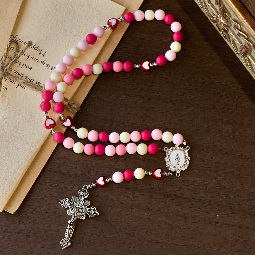 Christianartworkshop Rosa Rosenkranz mit Kreuz der Muttergottes und Herzverzierungen: Verkörperung heiliger Liebe und sanfter Andacht - image 3