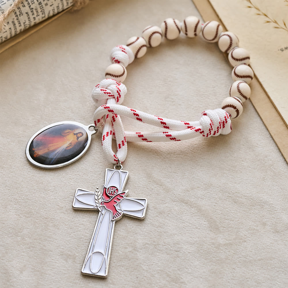 Christianartworkshop Baseball-Perlen-Taschenrosenkranz mit Taubenkreuz und Medaille der Göttlichen Barmherzigkeit - image 3