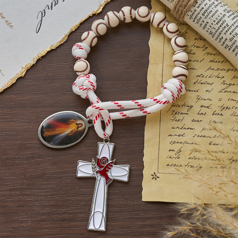 Christianartworkshop Baseball-Perlen-Taschenrosenkranz mit Taubenkreuz und Medaille der Göttlichen Barmherzigkeit - image 5