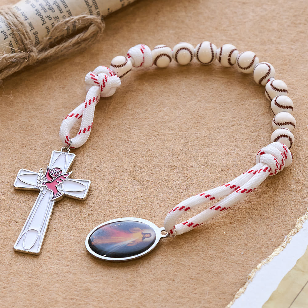 Christianartworkshop Baseball-Perlen-Taschenrosenkranz mit Taubenkreuz und Medaille der Göttlichen Barmherzigkeit - image 4