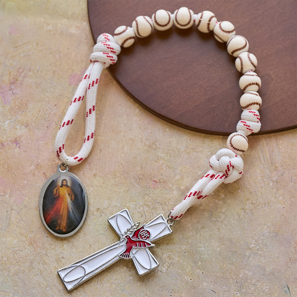 Christianartworkshop Baseball-Perlen-Taschenrosenkranz mit Taubenkreuz und Medaille der Göttlichen Barmherzigkeit - Jesus und das Kreuz - image 0