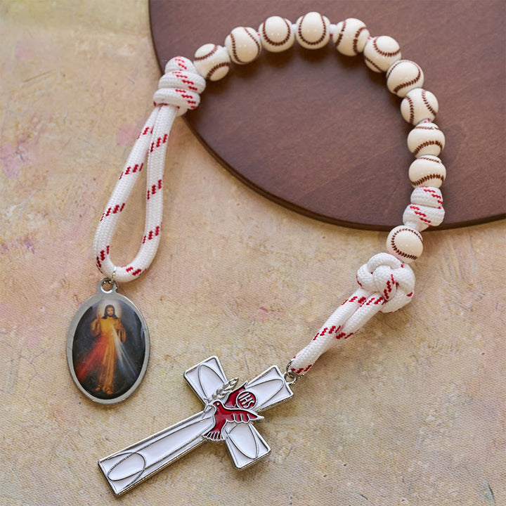 Christianartworkshop Baseball-Perlen-Taschenrosenkranz mit Taubenkreuz und Medaille der Göttlichen Barmherzigkeit - Jesus und das Kreuz - image 0