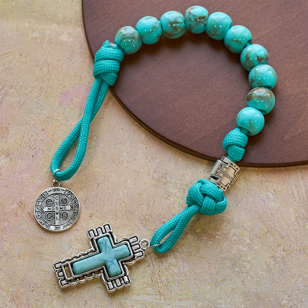 Christianartworkshop Rosenkranz aus türkisfarbenen Acrylperlen mit St.-Benedikt-Medaille und eingelegtem Kreuz - St. Benedikt und Kreuz - image 0