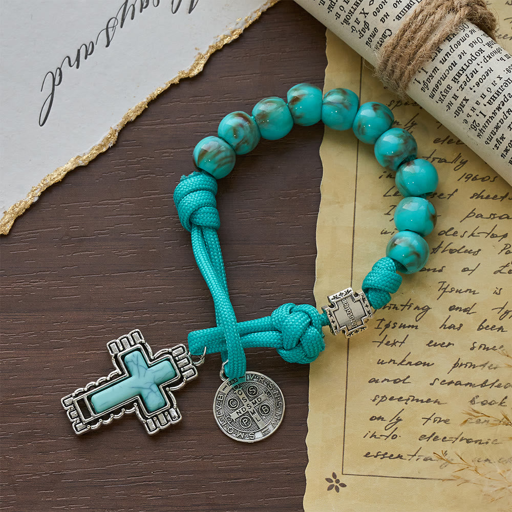 Christianartworkshop Rosenkranz aus türkisfarbenen Acrylperlen mit St.-Benedikt-Medaille und eingelegtem Kreuz - image 5