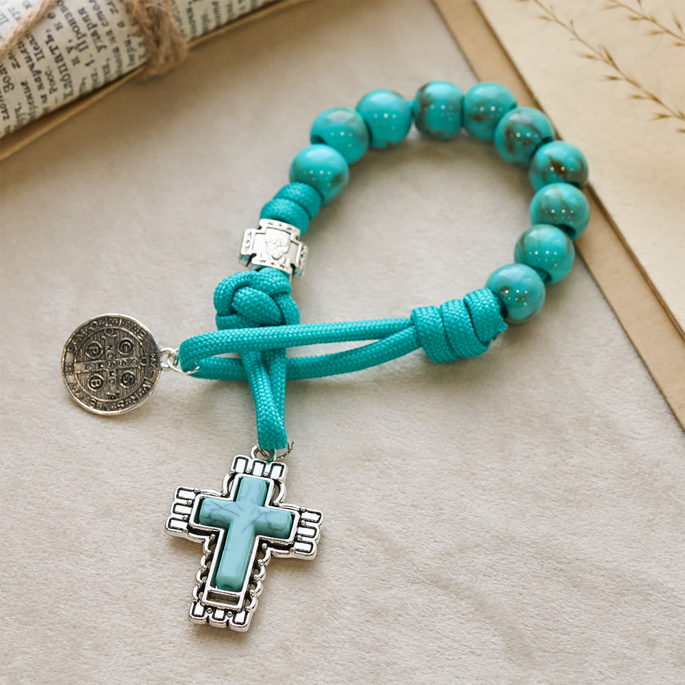 Christianartworkshop Rosenkranz aus türkisfarbenen Acrylperlen mit St.-Benedikt-Medaille und eingelegtem Kreuz - image 3