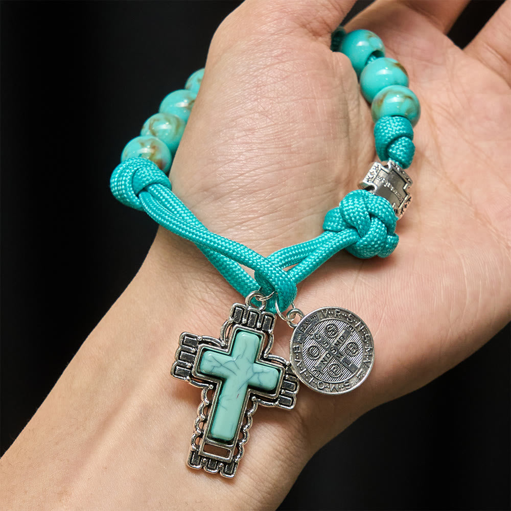 Christianartworkshop Rosenkranz aus türkisfarbenen Acrylperlen mit St.-Benedikt-Medaille und eingelegtem Kreuz - image 1