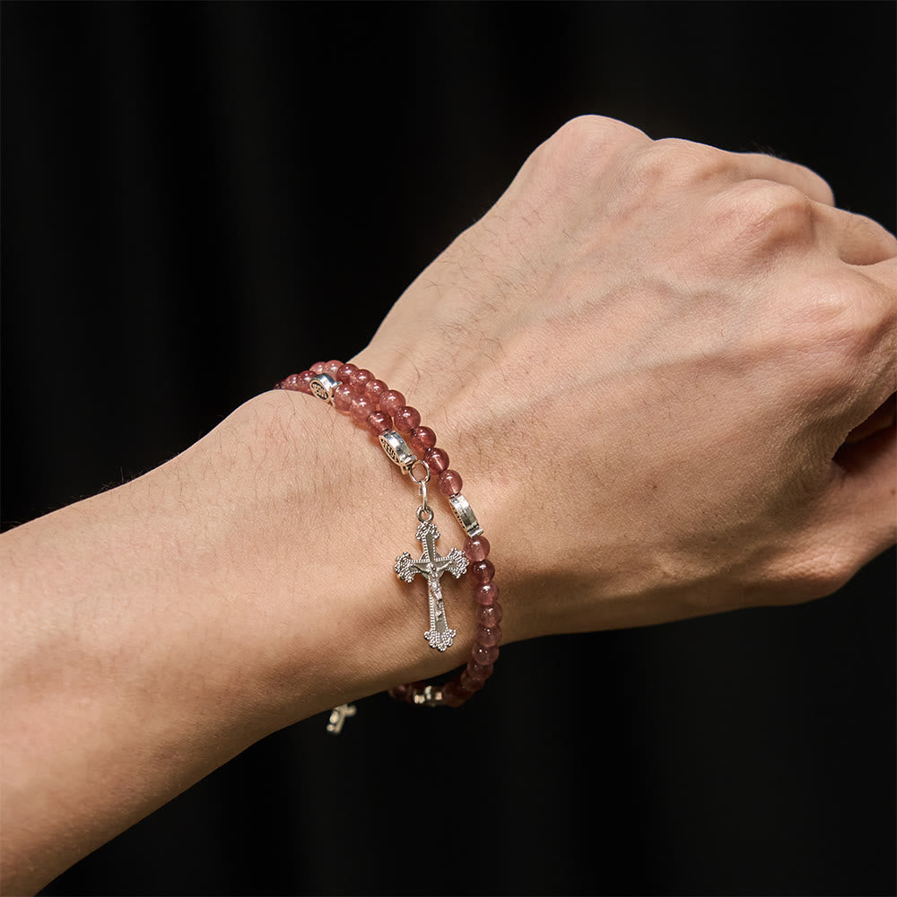 Christianartworkshop Erdbeerquarz-Armband mit Kruzifix und Ichthys-Anhänger - image 1