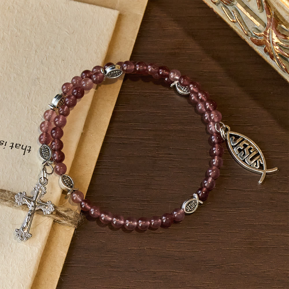 Christianartworkshop Erdbeerquarz-Armband mit Kruzifix und Ichthys-Anhänger - image 2