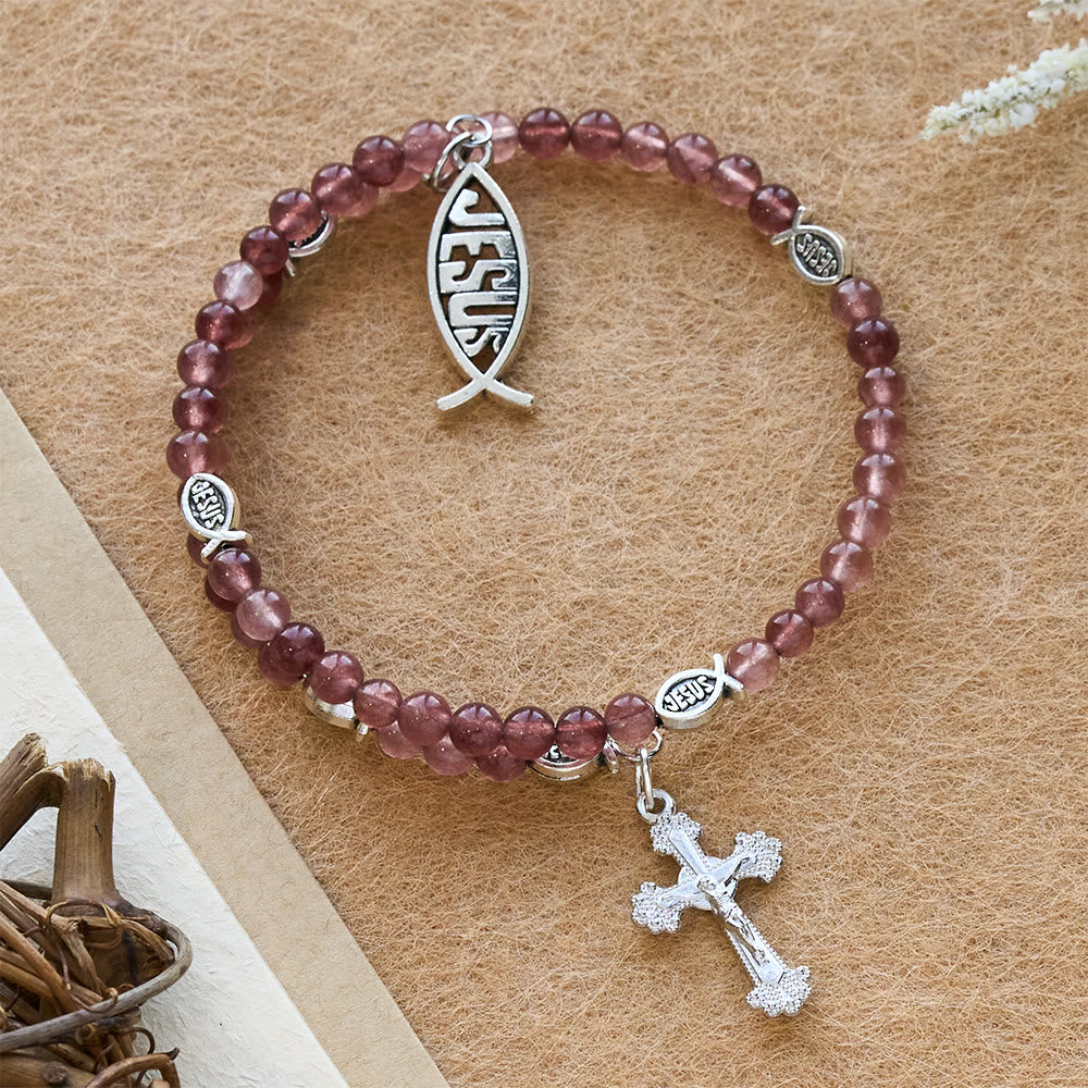 Christianartworkshop Erdbeerquarz-Armband mit Kruzifix und Ichthys-Anhänger - Erdbeerquarz - image 0