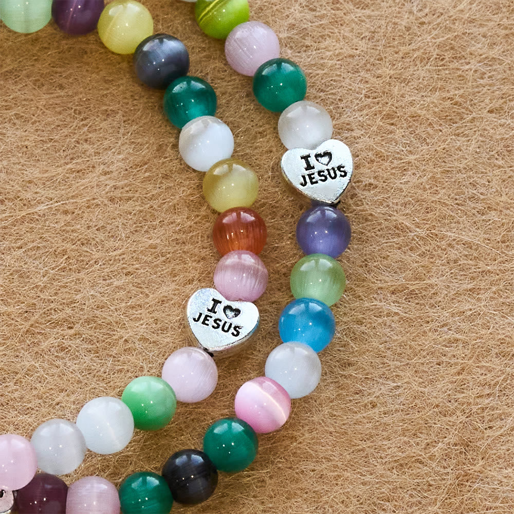 Christianartworkshop Mehrfarbiges Katzenaugen-Perlenarmband (Halskette für Kinder) mit „Ich liebe Jesus“- und Erzengel-Medaillen - image 4