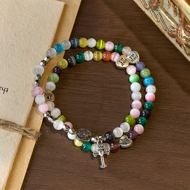 Christianartworkshop Mehrfarbiges Katzenaugen-Perlenarmband (Halskette für Kinder) mit „Ich liebe Jesus“- und Erzengel-Medaillen - image 3
