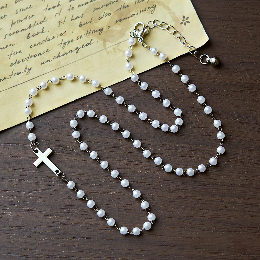 Christianartworkshop Weiße Perlenkette mit Kreuz: Elegante Hingabe & Treue Gnade - Silber - image 1