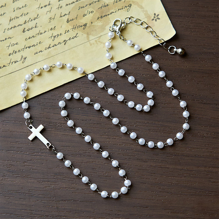Christianartworkshop Weiße Perlenkette mit Kreuz: Elegante Hingabe & Treue Gnade - Silber - image 1