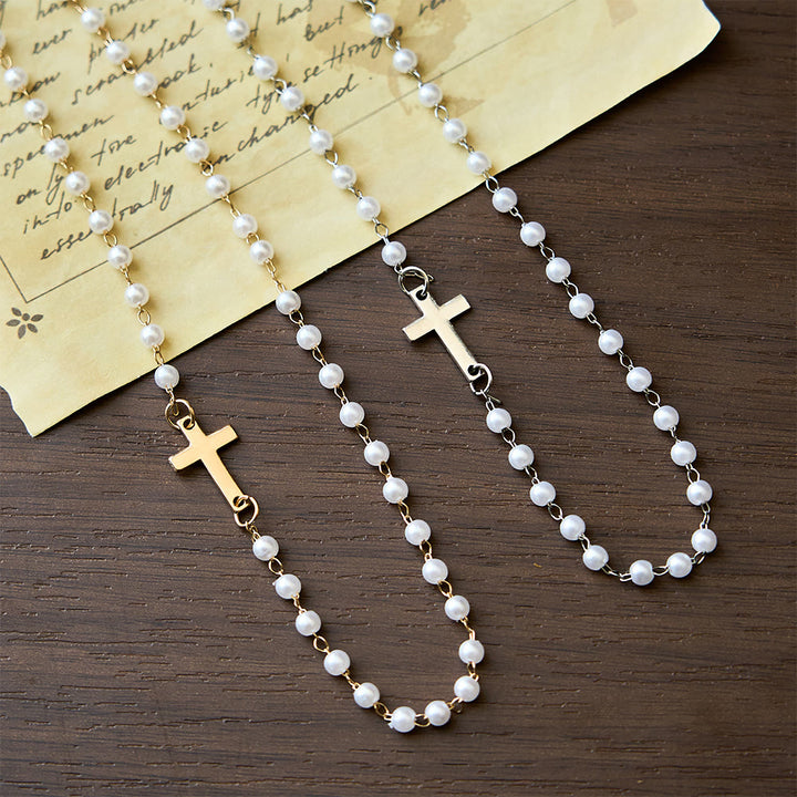 Christianartworkshop Weiße Perlenkette mit Kreuz: Elegante Hingabe & Treue Gnade - image 0
