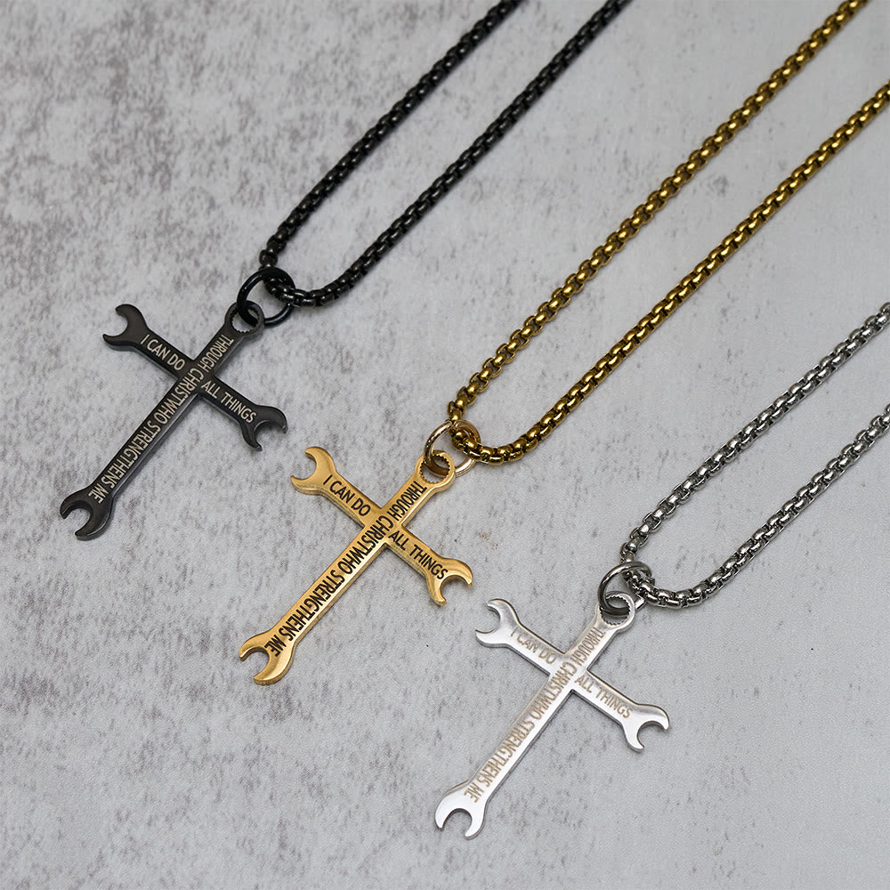 Minimalistische dreifarbige Schraubenschlüssel-Kreuz-Halskette von Christianartworkshop mit Bibelvers „Glaube & Stärke“ - image 0