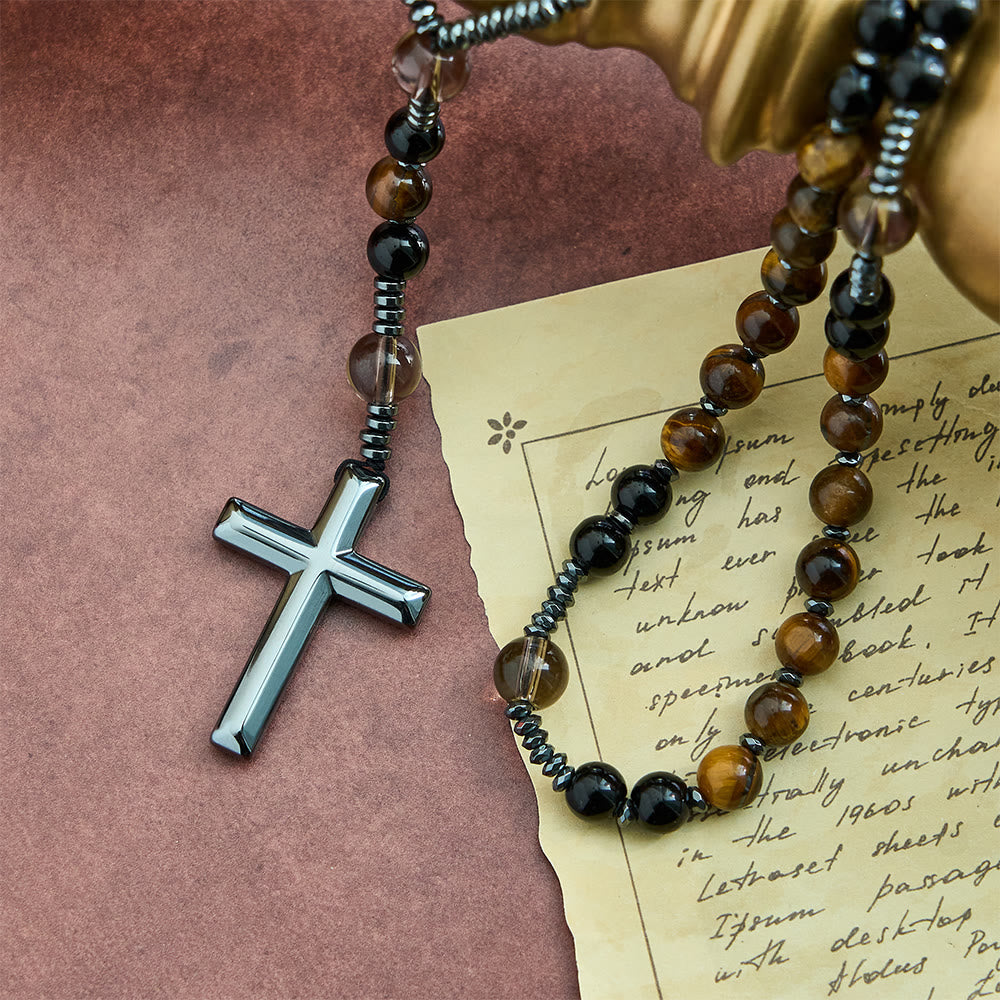 Christianartworkshop aus natürlichem Obsidian mit Tigerauge-Motiv – Rosenkranz aus Hämatit-Stein mit Kreuz zum Schutz - image 4