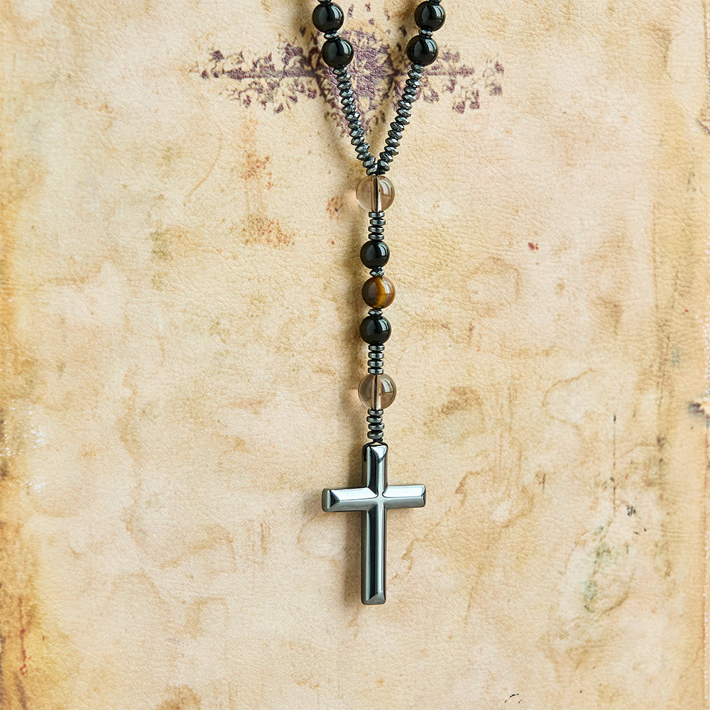 Christianartworkshop aus natürlichem Obsidian mit Tigerauge-Motiv – Rosenkranz aus Hämatit-Stein mit Kreuz zum Schutz - image 7