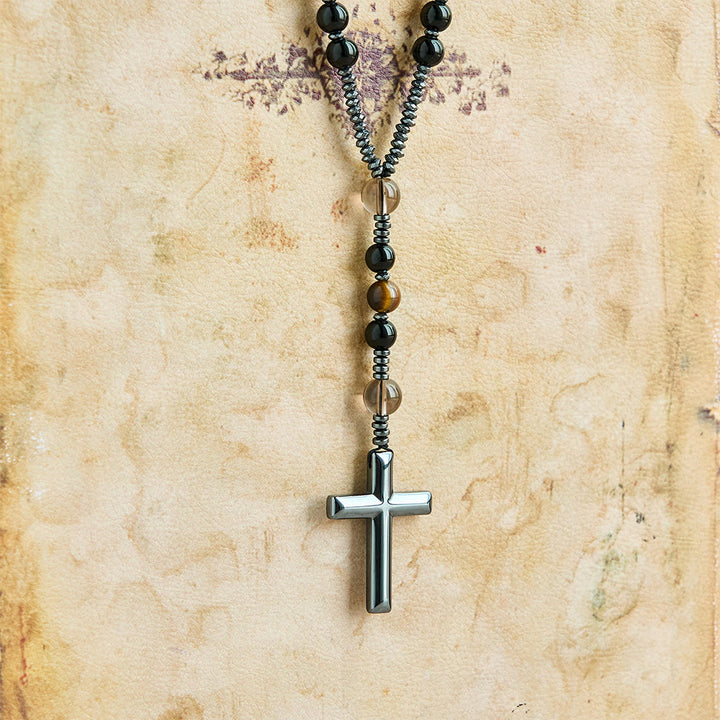 Christianartworkshop aus natürlichem Obsidian mit Tigerauge-Motiv – Rosenkranz aus Hämatit-Stein mit Kreuz zum Schutz - image 7